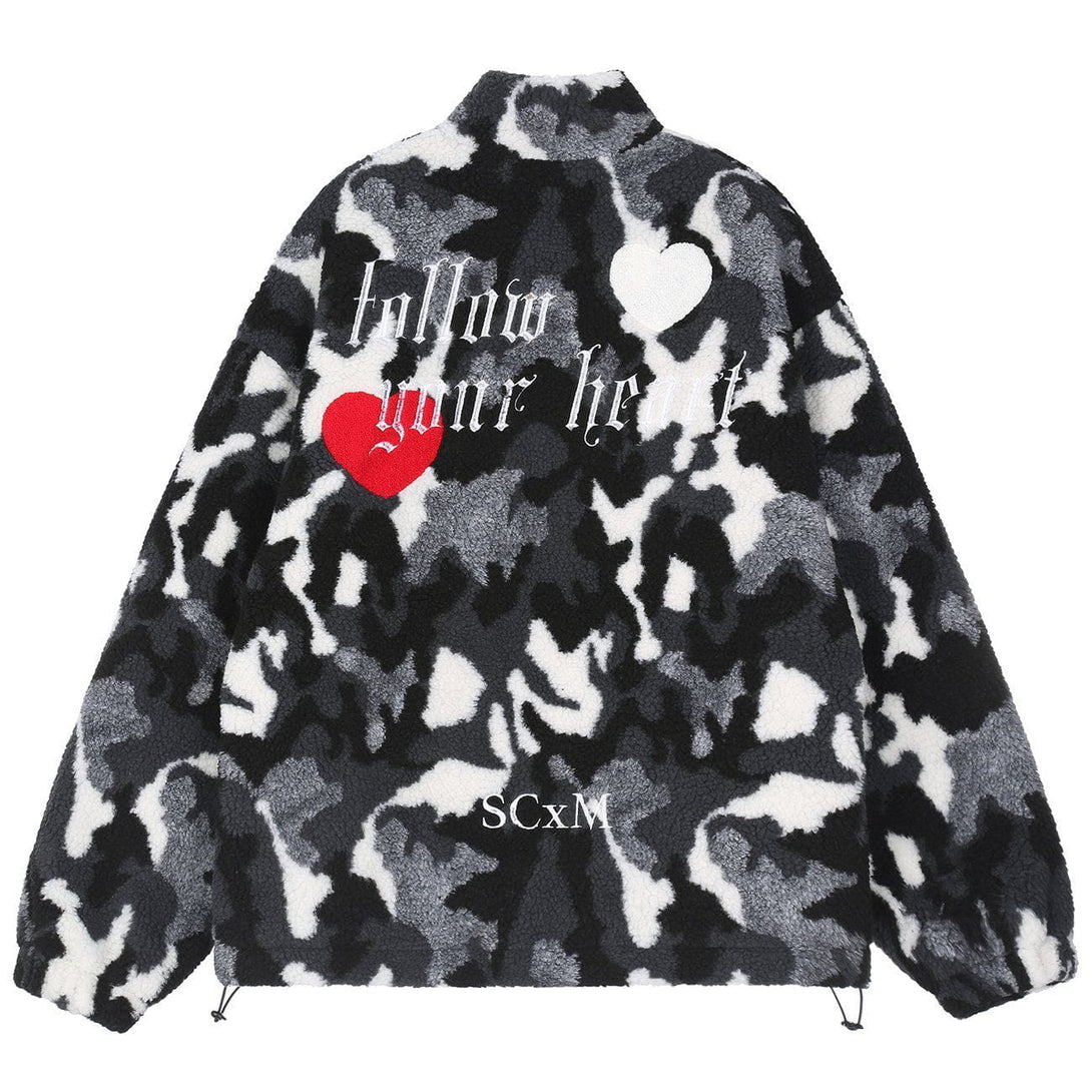 Lacezy - Vintage Camouflage Love Embroidery Sherpa Coat- Streetwear Fashion - lacezy.com