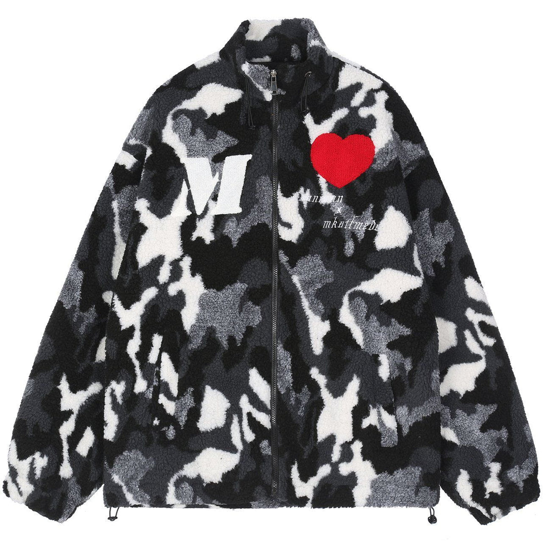 Lacezy - Vintage Camouflage Love Embroidery Sherpa Coat- Streetwear Fashion - lacezy.com