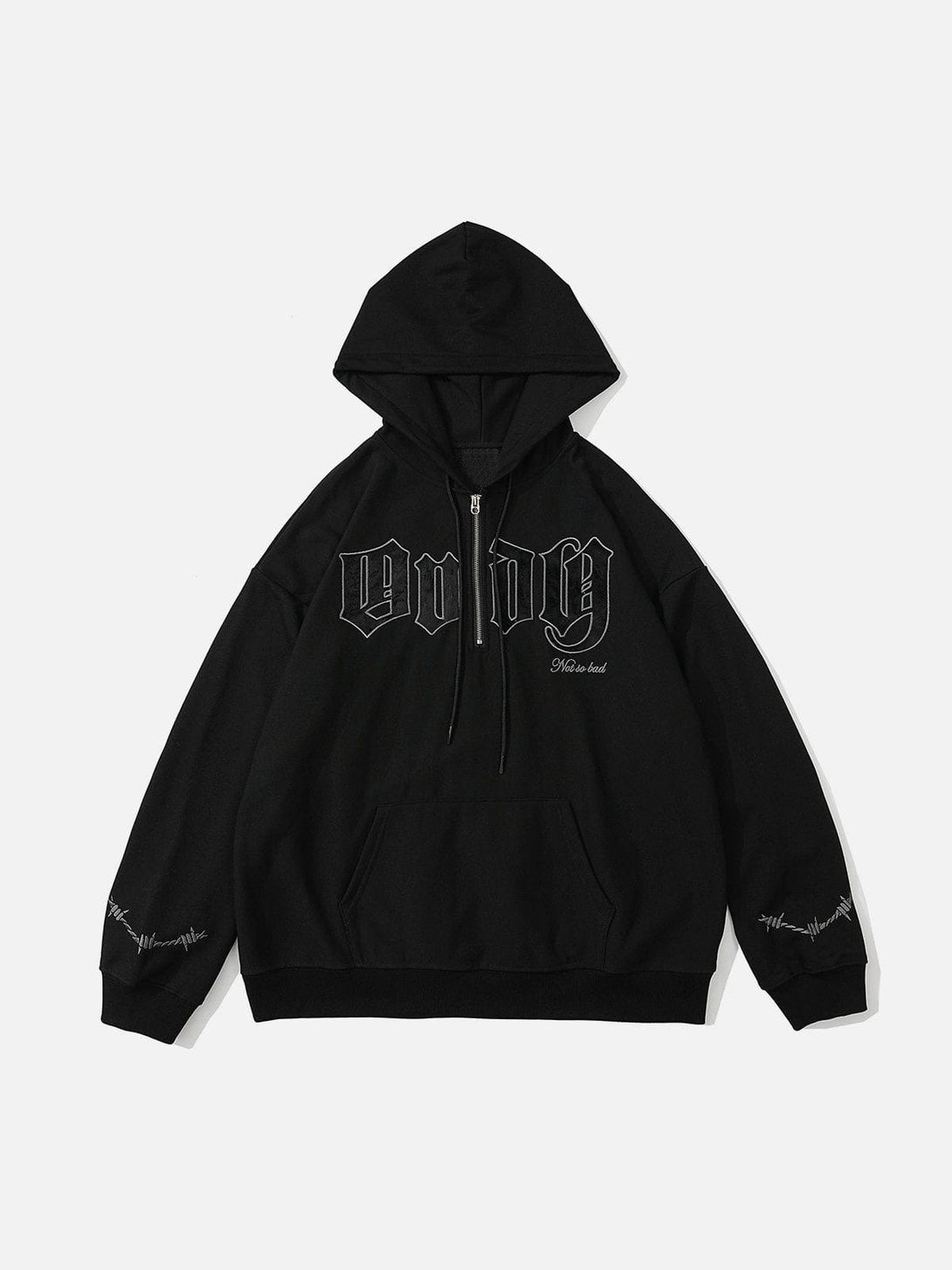 Lacezy - Vintage Curved Patch Embroidered Half-Zip Hoodie- Streetwear Fashion - lacezy.com