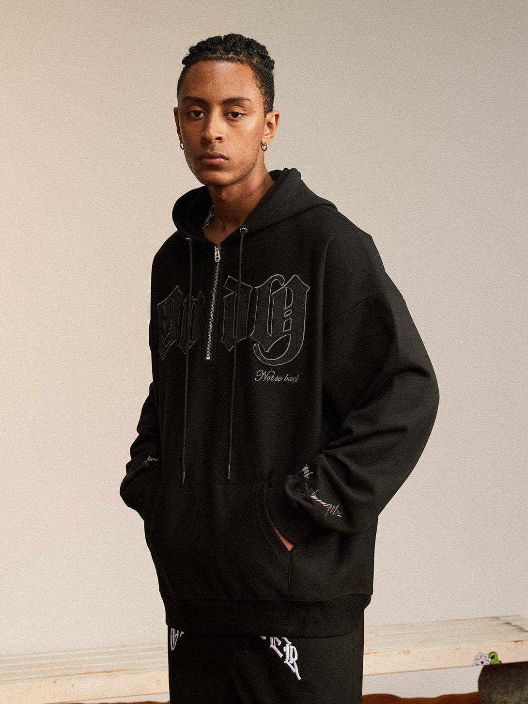 Lacezy - Vintage Curved Patch Embroidered Half-Zip Hoodie- Streetwear Fashion - lacezy.com