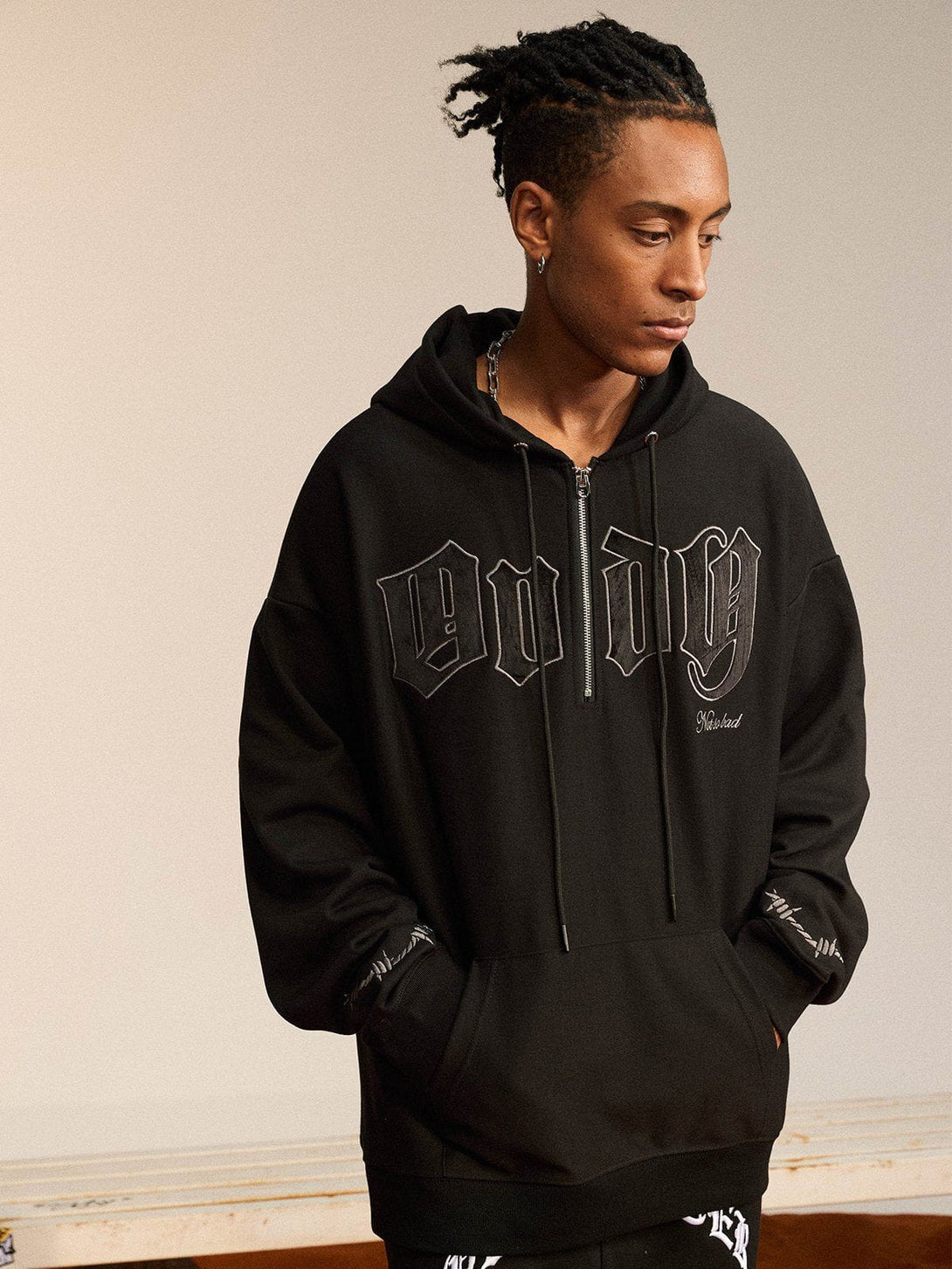 Lacezy - Vintage Curved Patch Embroidered Half-Zip Hoodie- Streetwear Fashion - lacezy.com