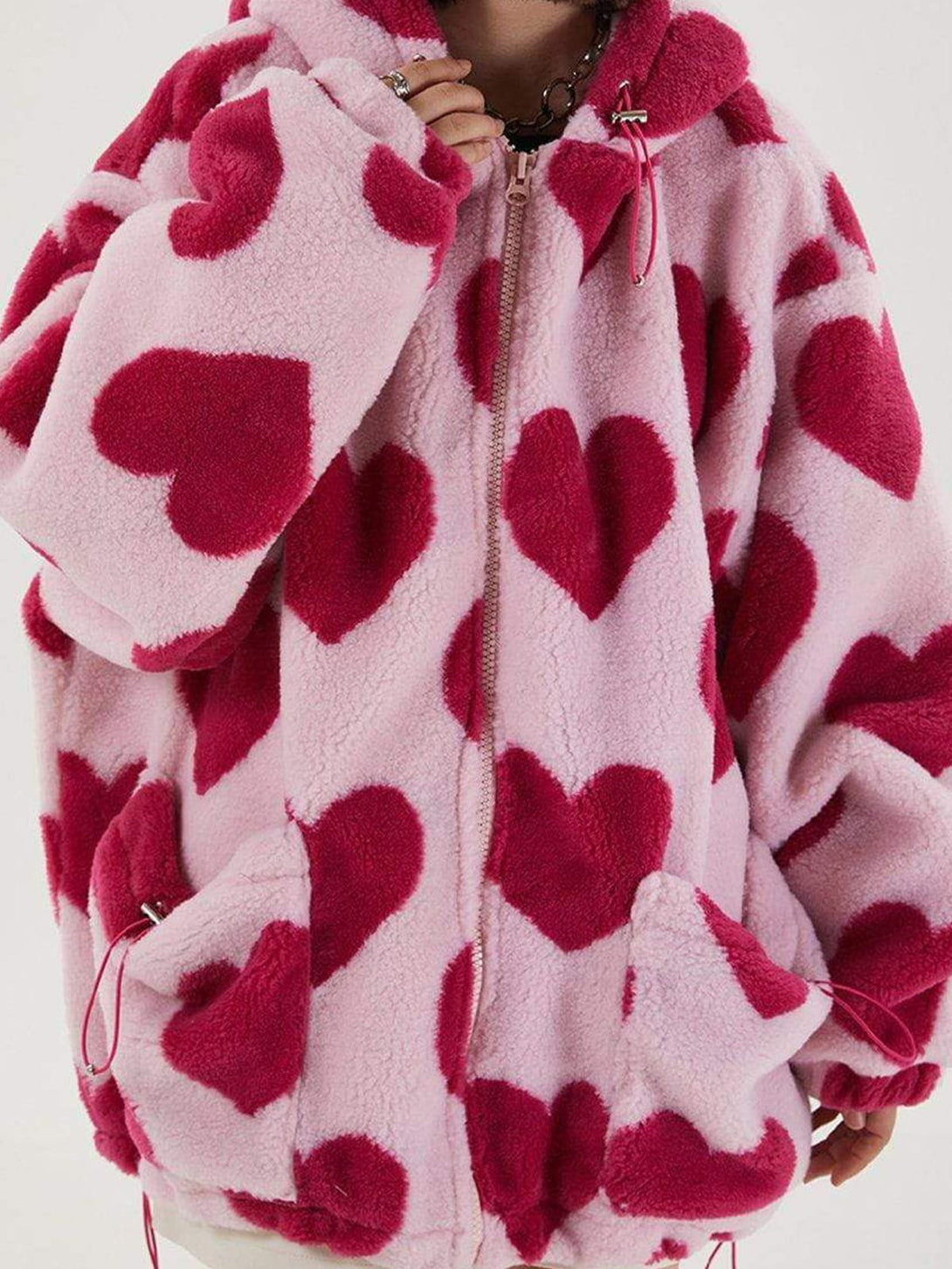 Lacezy - Vintage Heart Pattern Oversize Sherpa Coat- Streetwear Fashion - lacezy.com