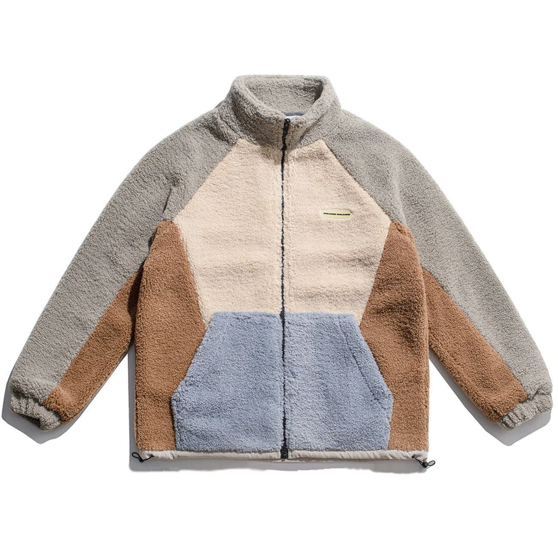 Lacezy - Vintage Pure Color Stitching Sherpa Coat- Streetwear Fashion - lacezy.com