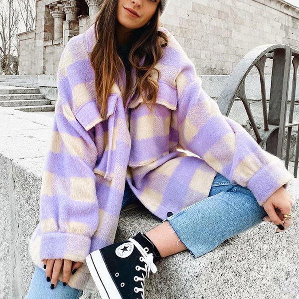 Lacezy - Women Purple Plaid Woolen Jacket- Streetwear Fashion - lacezy.com