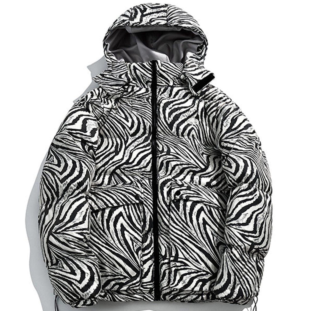 Lacezy - Zebra Pattern Hooded Puffer Jacket- Streetwear Fashion - lacezy.com